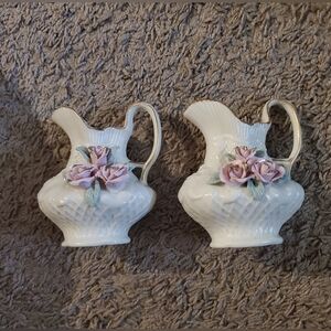 Set Of 2 Small Vintage Elegant Floral Porcelain Pitchers